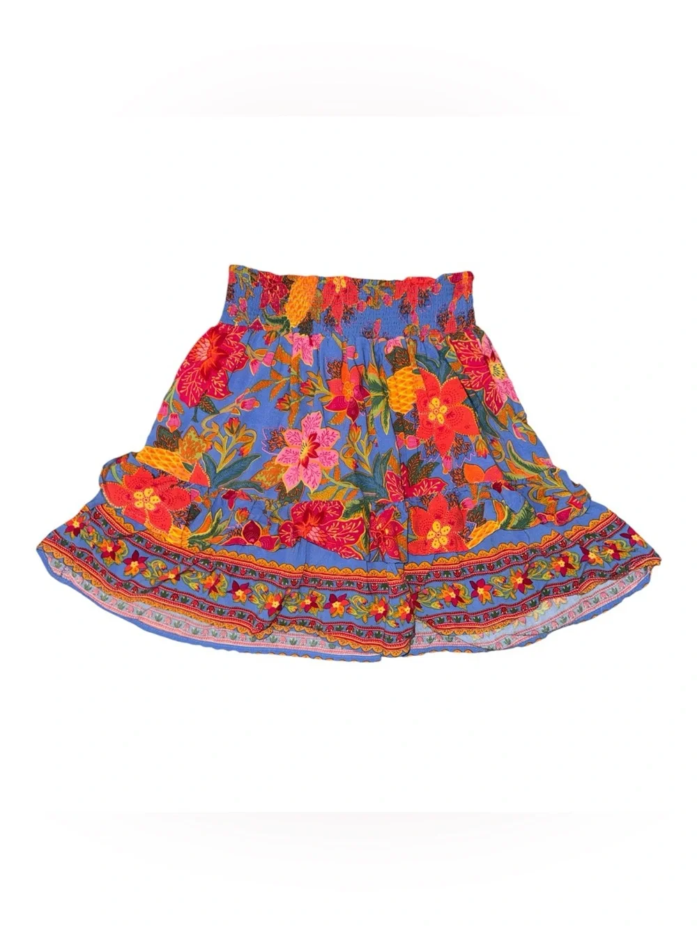 Cynthia Rowley Vibrant Tropical Floral Blue Smocked Waist Skirt Resort-wear SML